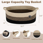 Optish 40L Extra Large Dog Toy Basket, XL Toy Storage Box and Bin with Handles, 20" x 14" x 9" Woven Cotton Rope Foldable Basket for Blankets, Living Room, Bedroom, Home Decor, Black & Brown
