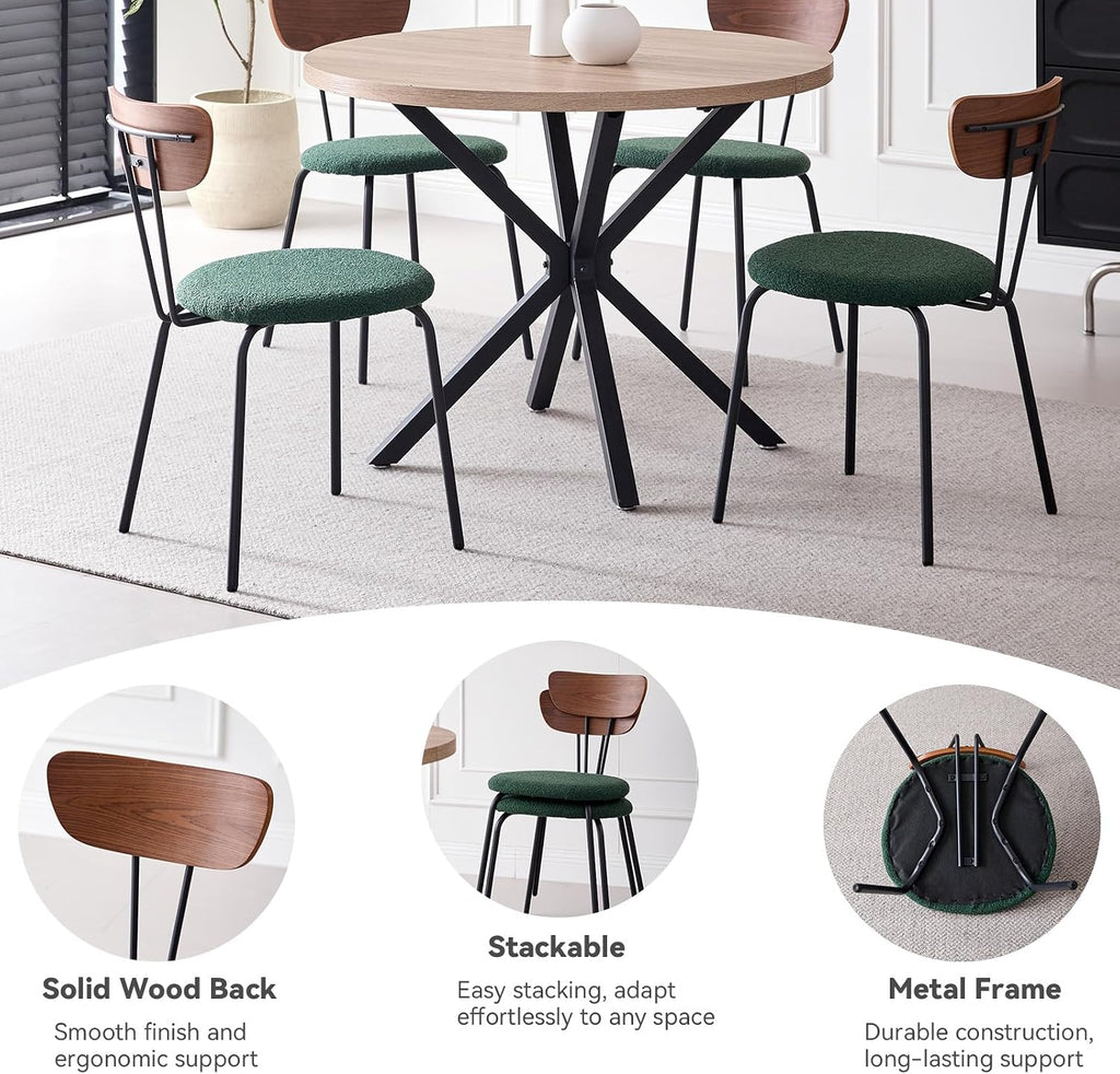 Stackable Dining Chair Set of 4, Small Modern Kitchen Chair with Solid Wood Back, Space Saving Chairs for Apartment Living Room, Green