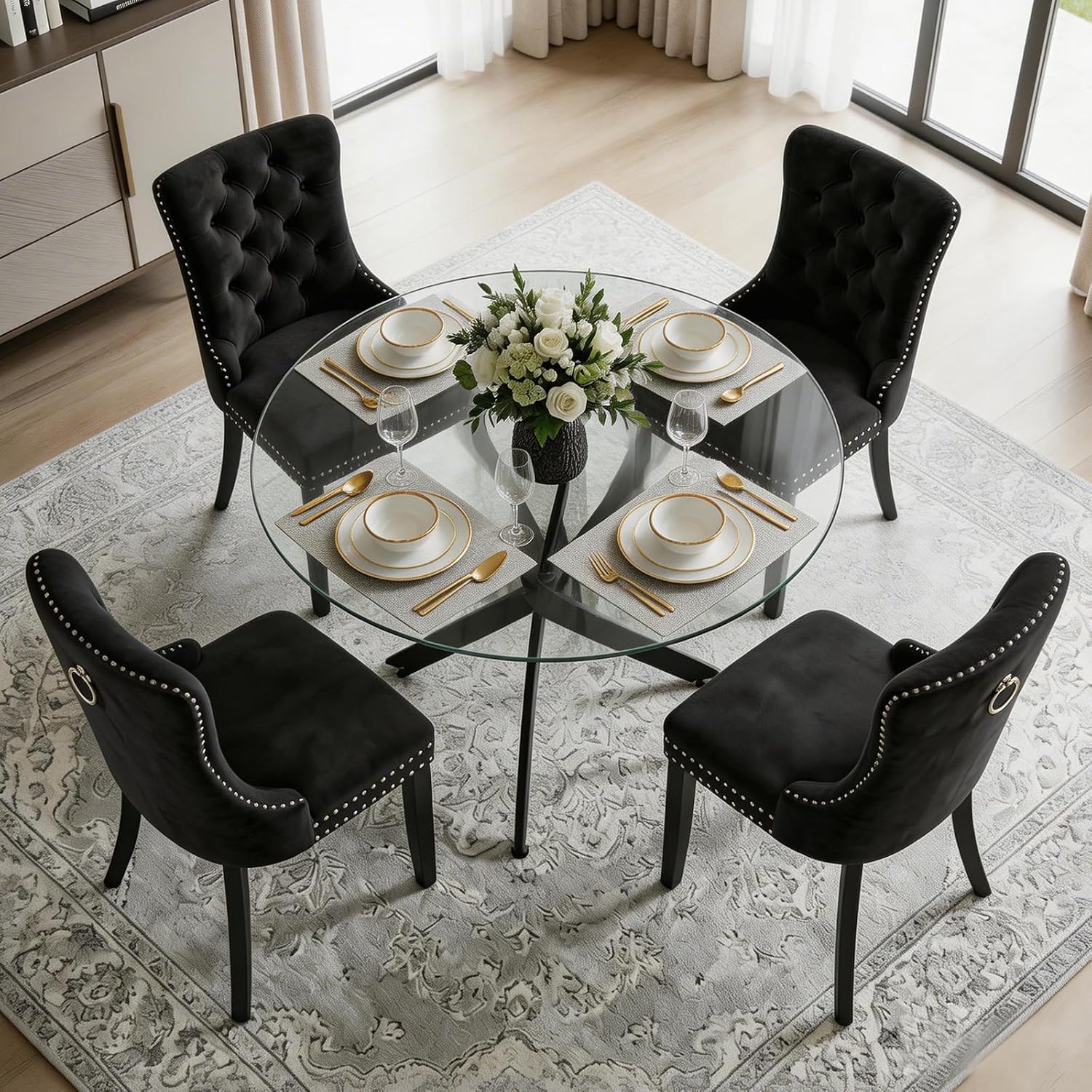 Dining Table Set for 4, Round Glass Kitchen Table with 4 Black Upholstered Velvet Accent Chairs, 5-Piece Modern Dining Room Set for Kitchen, Apartment, Small Spaces