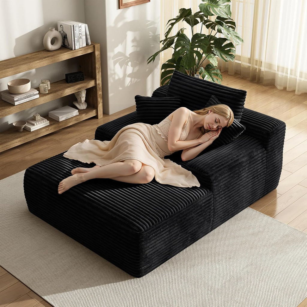 65'' Chaise Lounge Chair Indoor, Black Corduroy Sofa Bed, Boneless Lounge Chair, Oversized Sleeper Sofa, Black Corduroy Cloud Couch Reading Chair for Living Room No Assembly