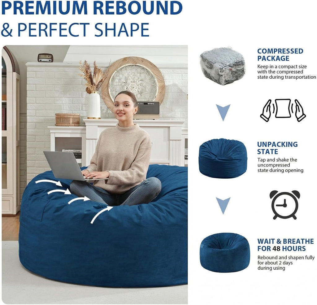 3FT Bean Bag Chair, Comfy Bean Bag Chairs with Memory Foam Filled, Fluffy Beanbag Sofa with Dutch Velvet Cover, Round BeanBag Chairs for Living Room, Playroom - Blue