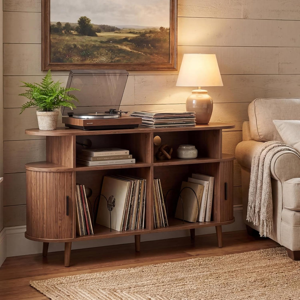 55-Inch Large Vinyl Record Rack with Charging Station, Mid-Century Walnut Record Storage Shelf, Open-Shelf Design with 3 Compartments, Vinyl Album Organizer for the Bedroom or Living Room