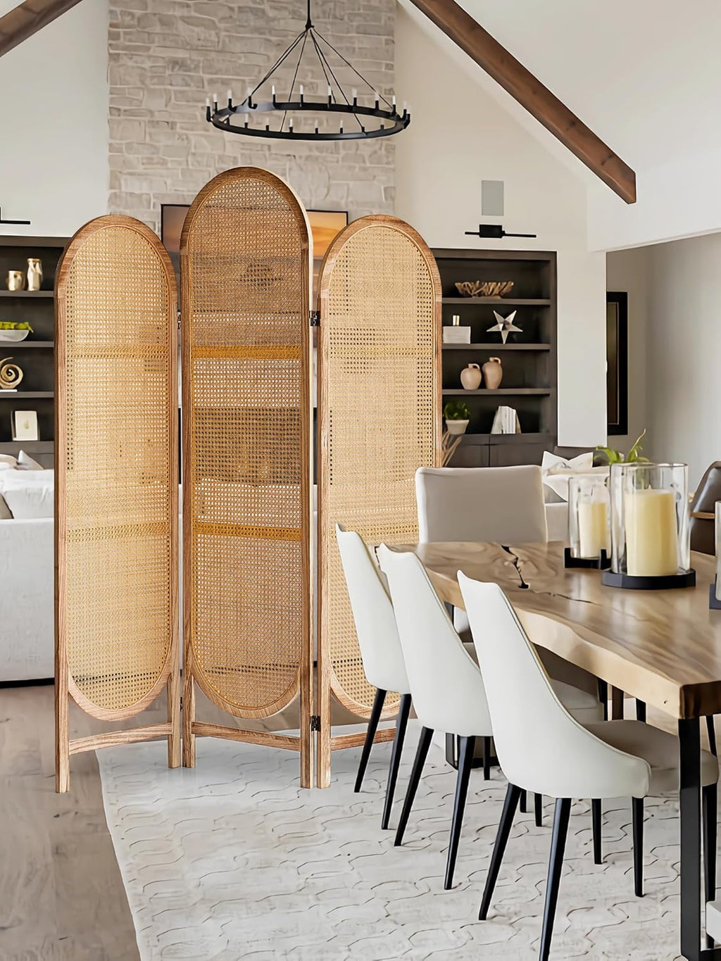 3 Panel Room Dividers and Folding Privacy Screens, Wooden Room Divider with Bi-Directional Hinge, Pre-Assembled Hand-Made Rattan Privacy Dividers for Balcony, Bedroom, Hotel Decorations