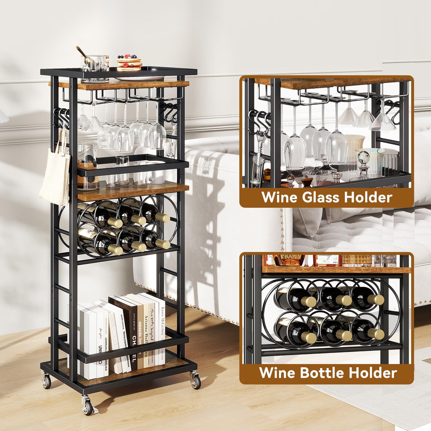 IBUYKE 4-Tier Wine Rack with Wheels,Bar Cart,Brown TMJ912H | Wine Car Cabinet Wine Rack Freestanding Floor Versatile Wine Bottle Display Shelf,Mini Bar for Home Living Room