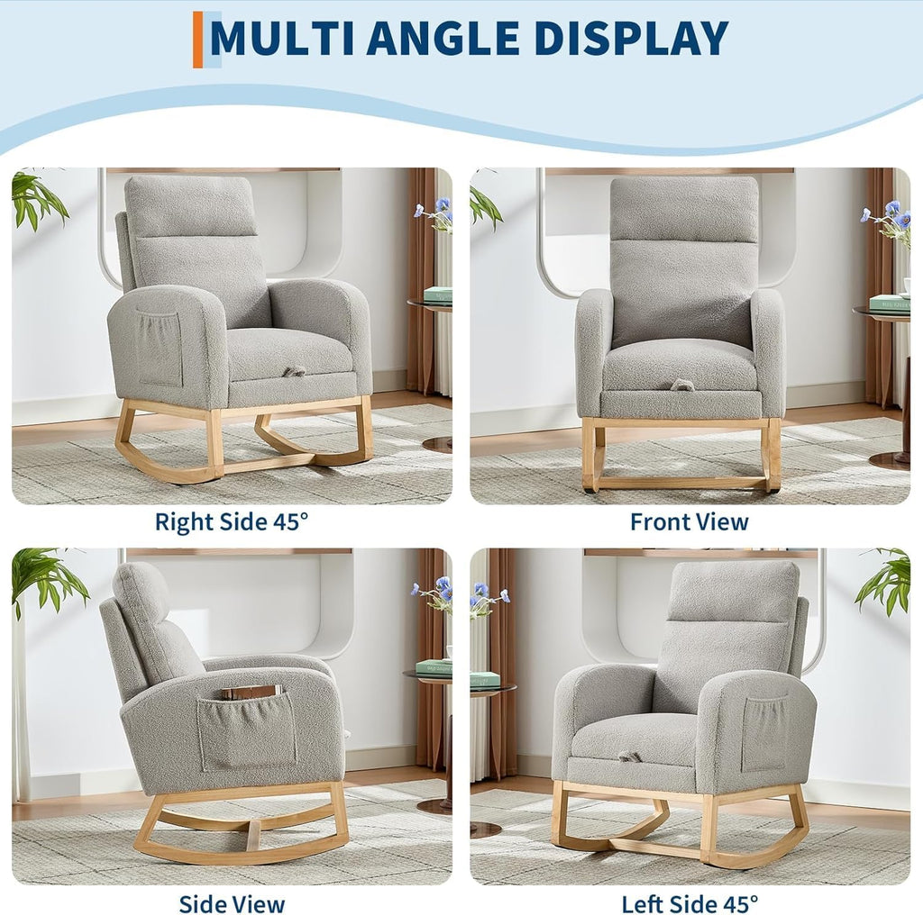 Modern Nursery Rocking Chair with Footrest,Teddy Upholstered Rocking Chair Comfortable Rocker Recliner with Side Pocket,Rocker Glider for Nursery,Grey