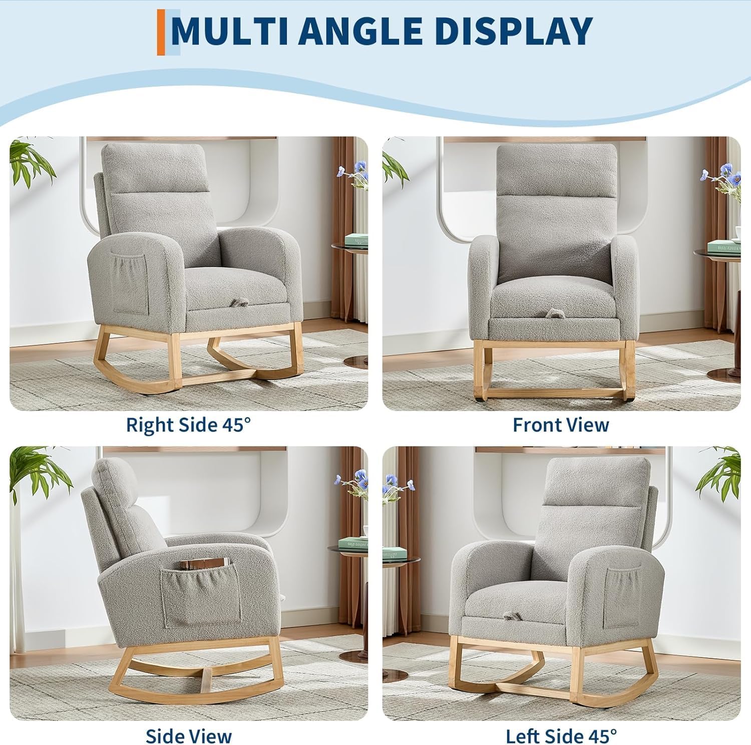 Modern Nursery Rocking Chair with Footrest,Teddy Upholstered Rocking Chair Comfortable Rocker Recliner with Side Pocket,Rocker Glider for Nursery,Grey