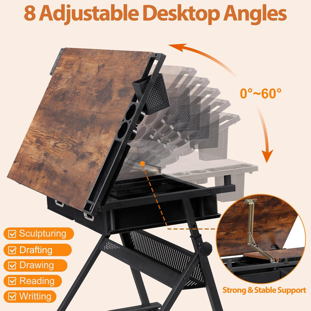 SUPER DEAL Drafting Table Set with Charging Station, Height Adjustable Tilting Drawing Desk Artist Desk with Stool Multifunctional Art Craft Workstation with 2 Storage Drawers for Home Office School