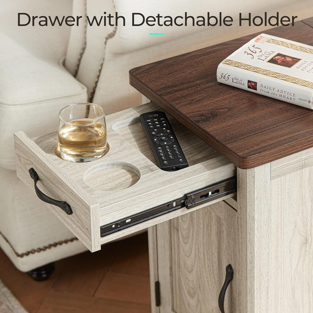 LINSY HOME End Table Set of 2 with Charging Station, Modern Farmhouse Sofa Couch Side Table, Wooden Bedside Table for Living Room Bedroom, Narrow Nightstand with Storage Cabinet for Small Space