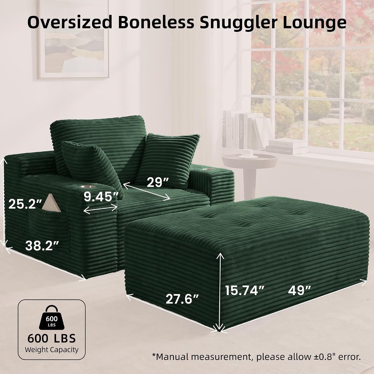 66’’ Oversized Chaise Lounge Chair Indoor, Deep Seat Corduroy Reading Chair Snuggler with Ottoman, Boneless Floor Couch with Cup Holders & Side Pockets, Floor Sleeper Sofa for Home,Dark Green