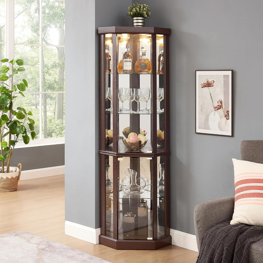 69" H Lighted Corner Display Cabinet, Curio Corner Glass Cabinet w/Adjustable Shelves & Glass Door, 5-Tier Wooden Storage Display Case w/Mirrored Back Pane for Living Room