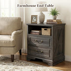 Farmhouse End Table Set of 2, Rustic Wood Nightstand with Charging Station, 2 Large Drawers & Open Storage, Bedside Table with USB-C Ports for Living Room Bedroom (Gray Oak)