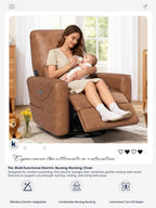 KINGYES Nursery Recliner Rocking Chair, 270° Swivel Glider, with Bluetooth Speaker & USB-C Port, Faux Leather Nursery Rocking Chair, Brown