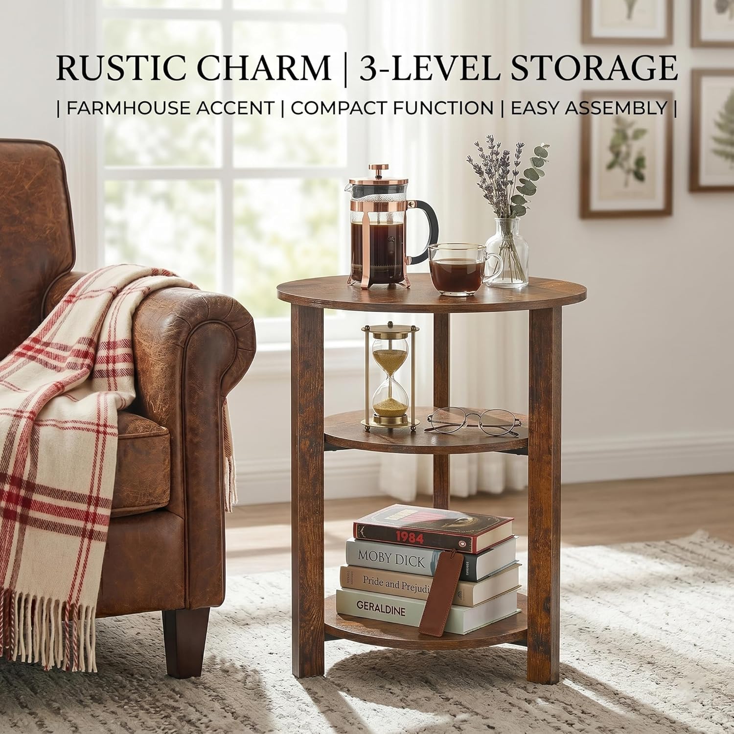 Farmhouse 3-Tier Round Side Table, 17.7*21.7inch End Table with Open Storage Shelf, Circular Nightstand Accent Table for Living Room, Bedroom,Wooden Table for Narrow and Small Spaces,Rustic Brown