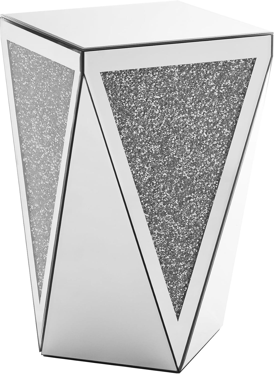 Mirrored End Table Modern Inverted Triangular Side Table with Crystal Design Decorative Glass Accent Small Coffee Table Bedside Table for Home Decoration Crystal Diamond Bed Night Stand
