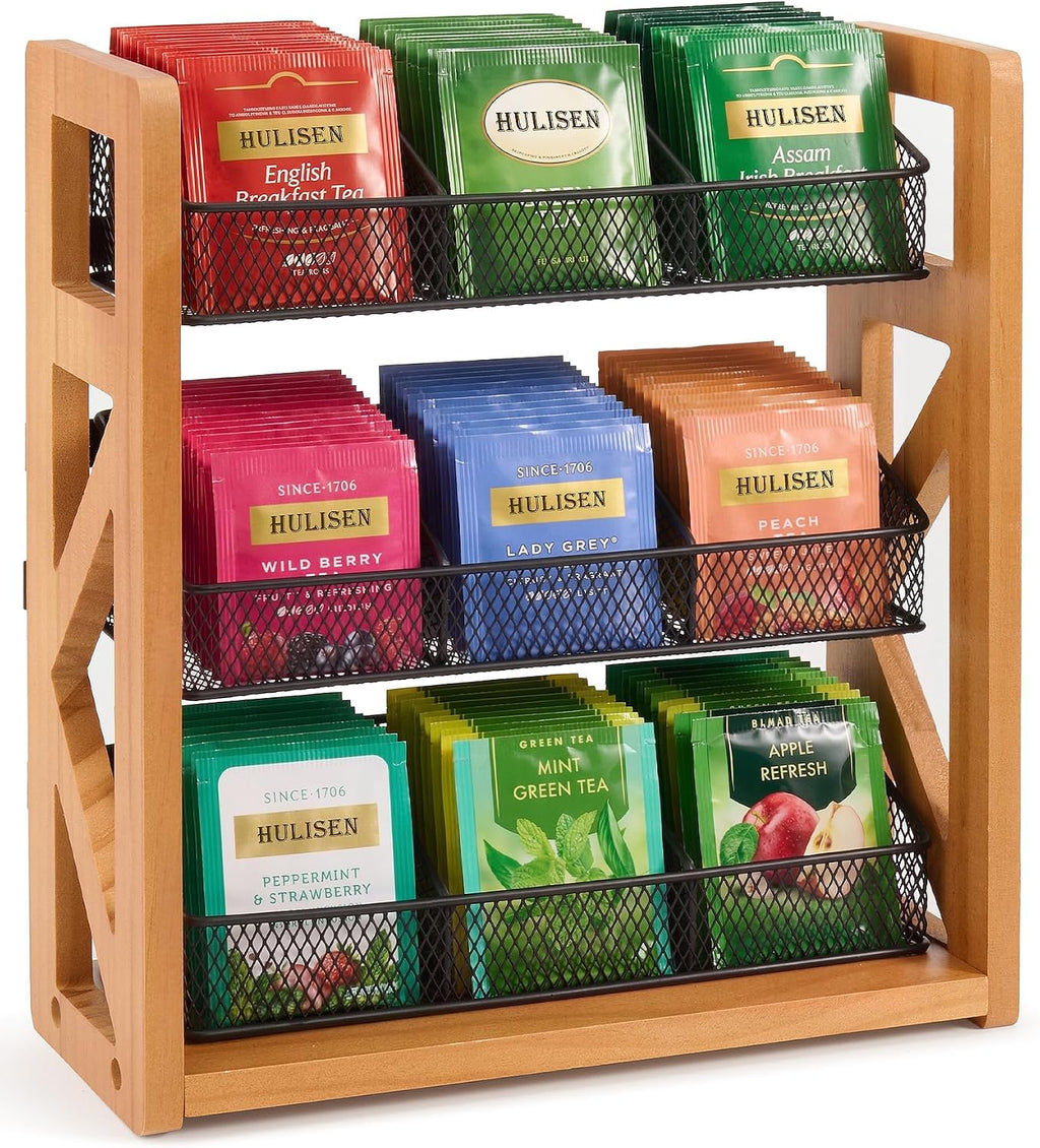 HULISEN Tea Bag Organizer, 3 Tier Tea Bag Holder, Holds Up to 120 Teabags | 9 Removable Compartments, Countertop or Wall Mount Use, Wood Metal Teabag Rack for Coffee Bar Kitchen