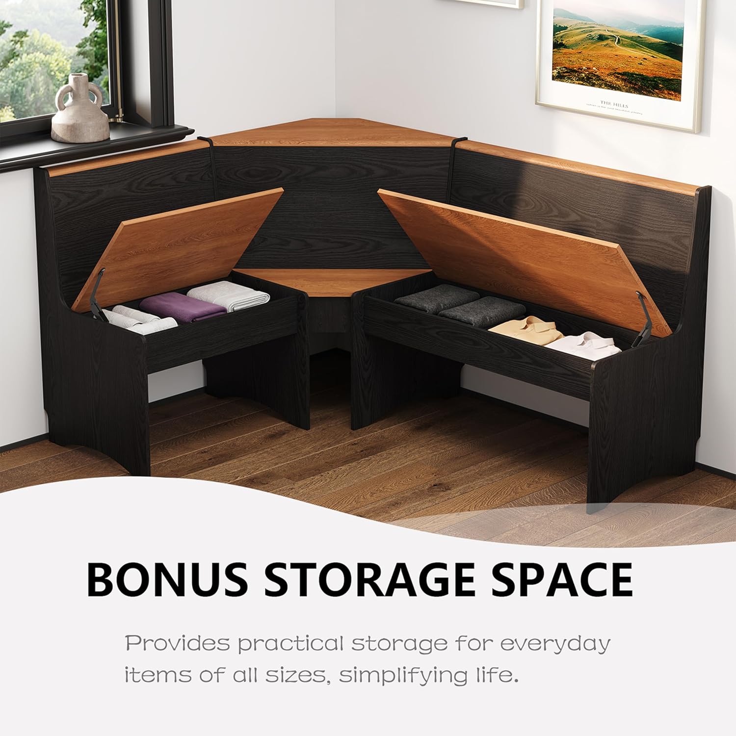Farmhouse Breakfast Nook Table Set, Dining Nook Set with Corner Bench,with Storage Function Mid Century Modern Small Dining Table Set, Kitchen Table Corner Set (Black + Natural)