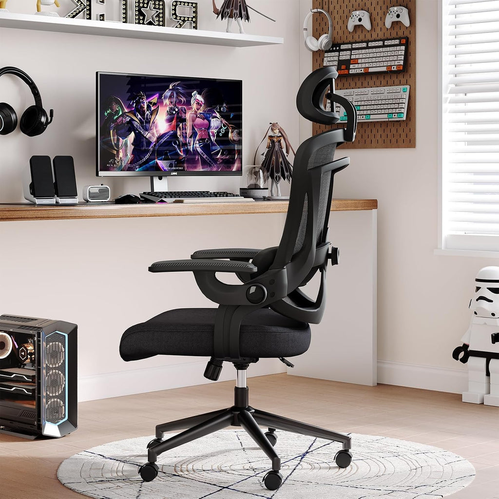 DUMOS Executive Office Ergonomic Desk Chair, 300 LBS Home Mesh Chairs with Wheels, 2D Headrest, Up&Down Lumbar Support, Swivel High Back Computer Chair with Flip-up Armrests, Black