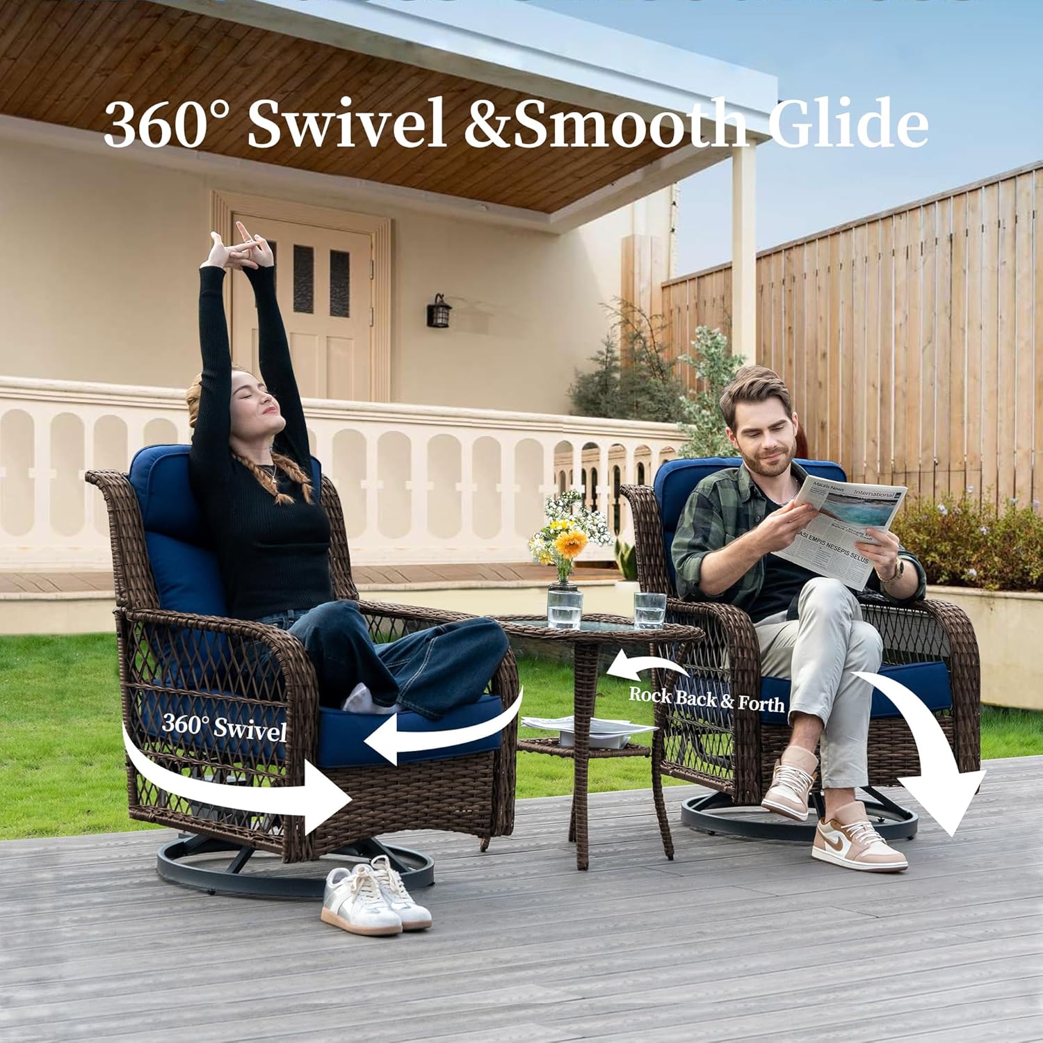 PIZZELLO Outdoor Swivel Rocker Chairs 3 Pieces Wicker Swivel Patio Chair with Rattan Side Table, 5" Extra Thick Cushions and 25" Full Support Back, Patio Furniture Set for Outside Porch Deck