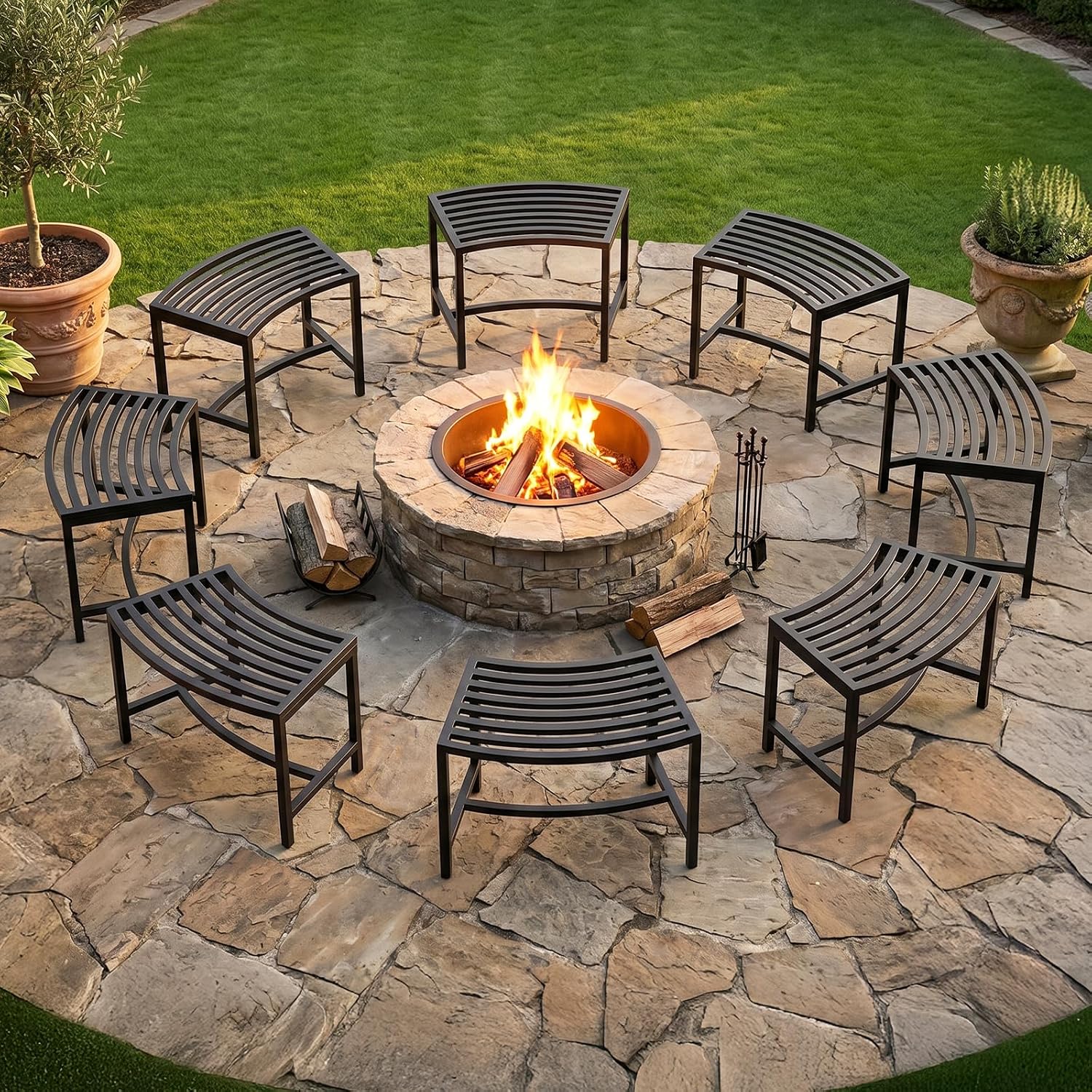 VINGLI Outdoor Metal Curved Bench, Weatherproof Fire Pit Bench Set of 8, Heavy Duty Steel Backless Benches, Metal Outside Seating for Garden, Patio, Plant Stand and Holder
