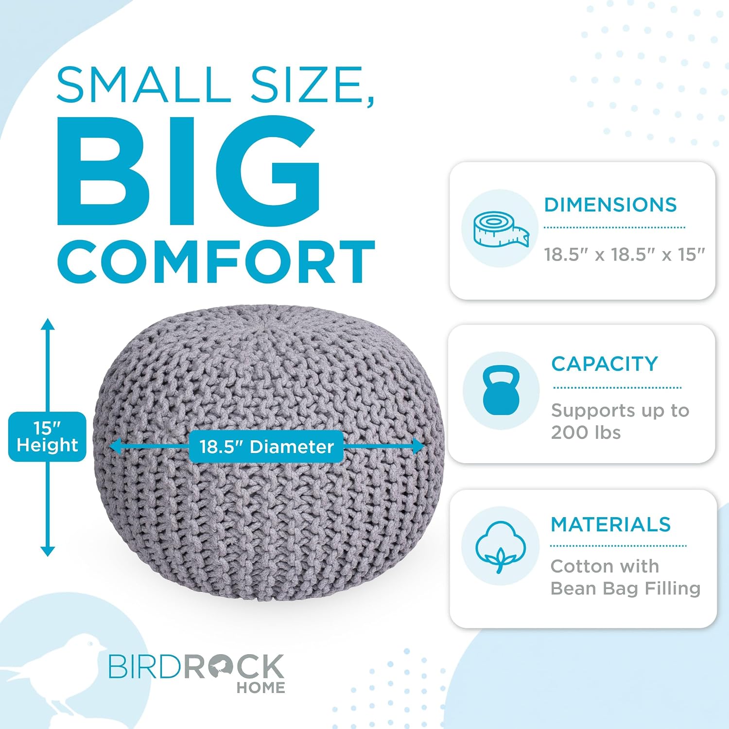 BIRDROCK HOME Round Pouf Ottoman Foot Rest - 18.5”x18.5”x15” Boho Compact Comfortable Soft Cotton Braided Foot Stool with Bean Bag Filling for Living Room, Bedroom, or Nursery (Light Gray)