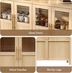 55" Sideboard Cabinet with Glass Doors, Large Buffet Cabinet with Storage and Shelves, Modern Accent Console Table for Dining Room Living Room Entryway (Natural)