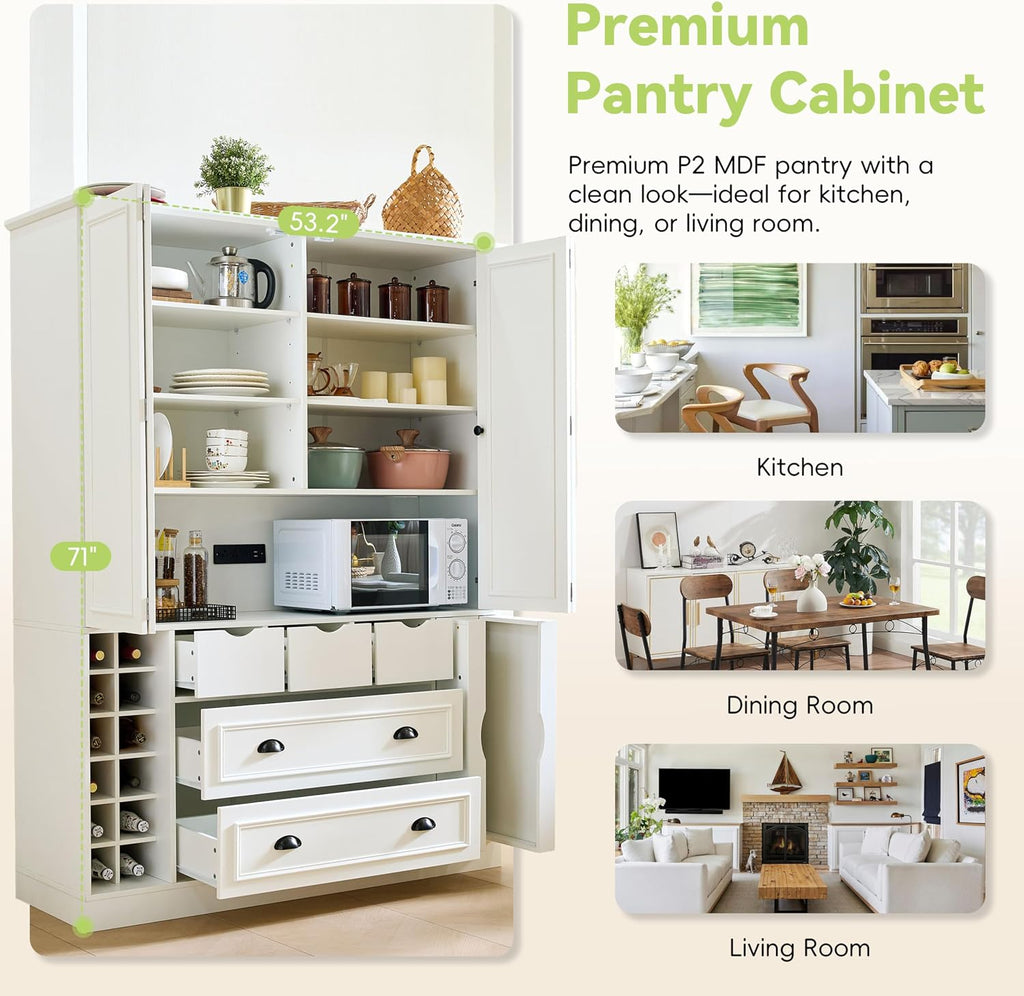 Farmhouse 71''H Large Kitchen Pantry,Deepen Dining Storage Cupboard with 4 Foldable Doors,Power Outlet, Shelves, Wine Racks and Serving Trays (White/FD)