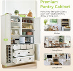 Farmhouse 71''H Large Kitchen Pantry,Deepen Dining Storage Cupboard with 4 Foldable Doors,Power Outlet, Shelves, Wine Racks and Serving Trays (White/FD)