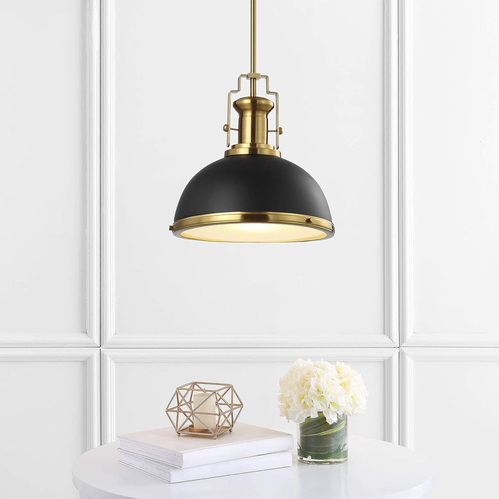 JONATHAN Y 13" Black/Brass Gold Modern Industrial Iron LED Dome Pendant Light, Adjustable Hanging Fixture for Kitchen Island or Entryway, Black Metal Shade, LED Bulb Included (JYL9536A)