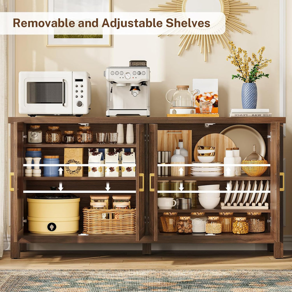 Buffet Cabinet with Storage, 55" Fluted Sideboard Cabinet with 4 Adjustable Shelves, Modern Coffee Bar with 4 Doors, Coffee Bar Cabinet for Kitchen, Living Room, Walnut