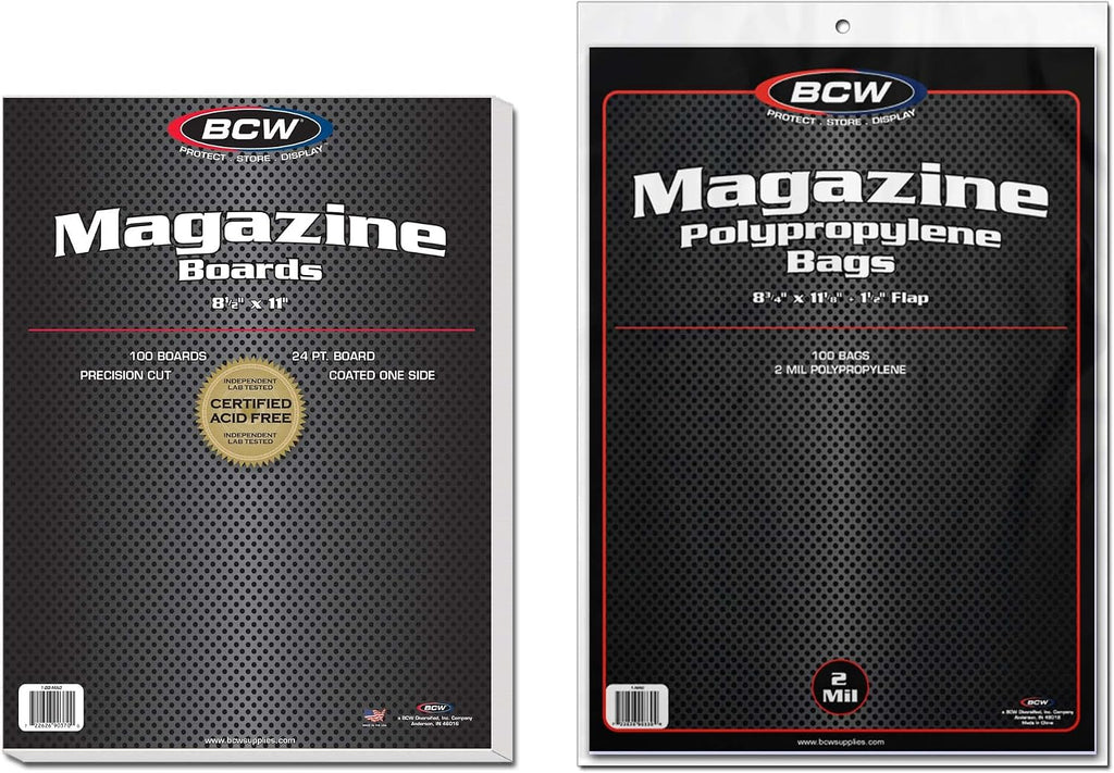 BCW Magazine Bags and Backing Boards Combo - 100 ct | Acid-Free Polypropylene Bags for Current Magazines | 24pt Solid Bleached Sulfate Boards | Archival-Quality Protection for Collectible Magazines