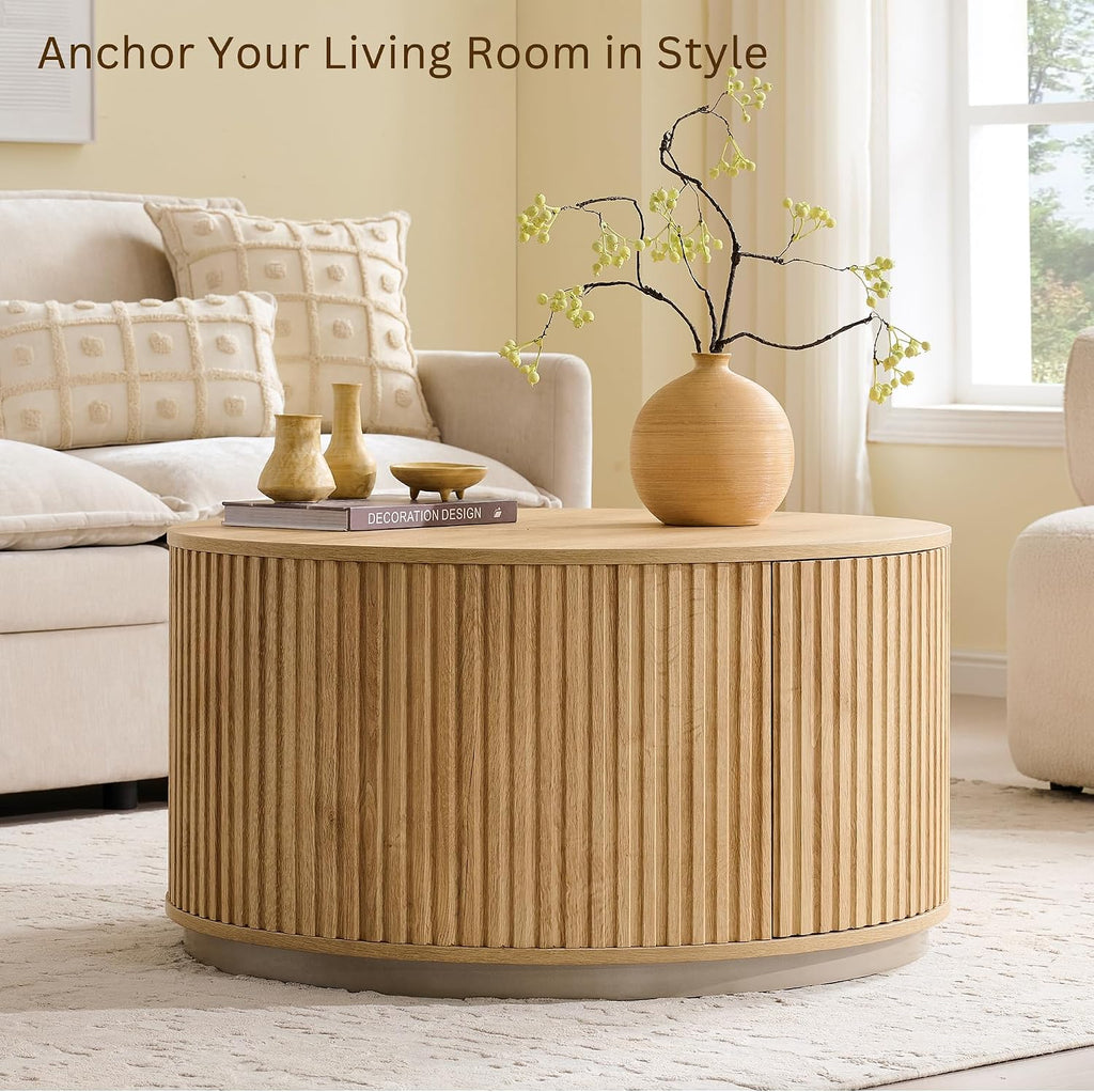 JXQTLINGMU 33" Round Coffee Table with Storage, Fluted Drum Coffee Table, Hidden Push-to-Open Drawer, Natural Oak