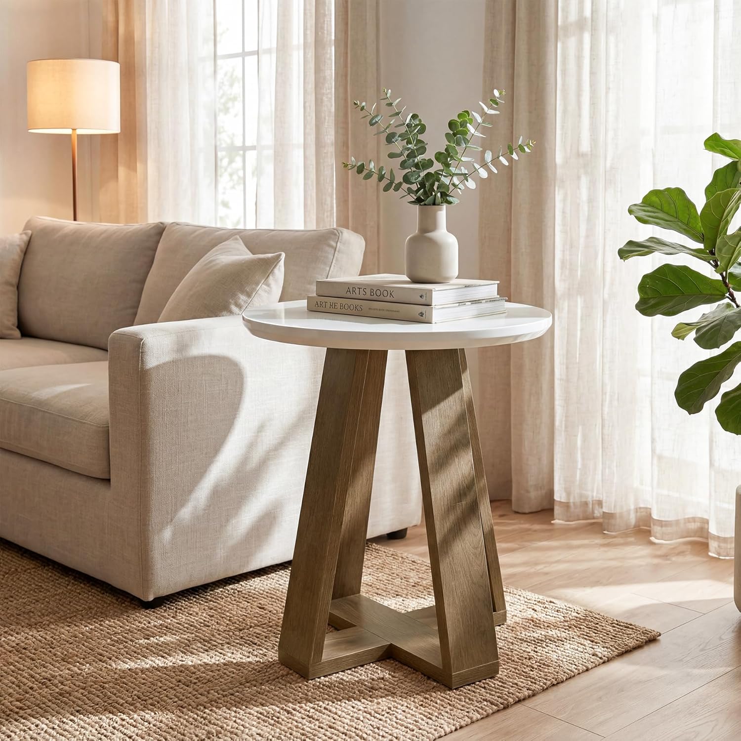 Tribesigns Round Side Table, Modern End Table for Living Room, Small Accent Table for Bedroom, Easy Assembly, White and Brown