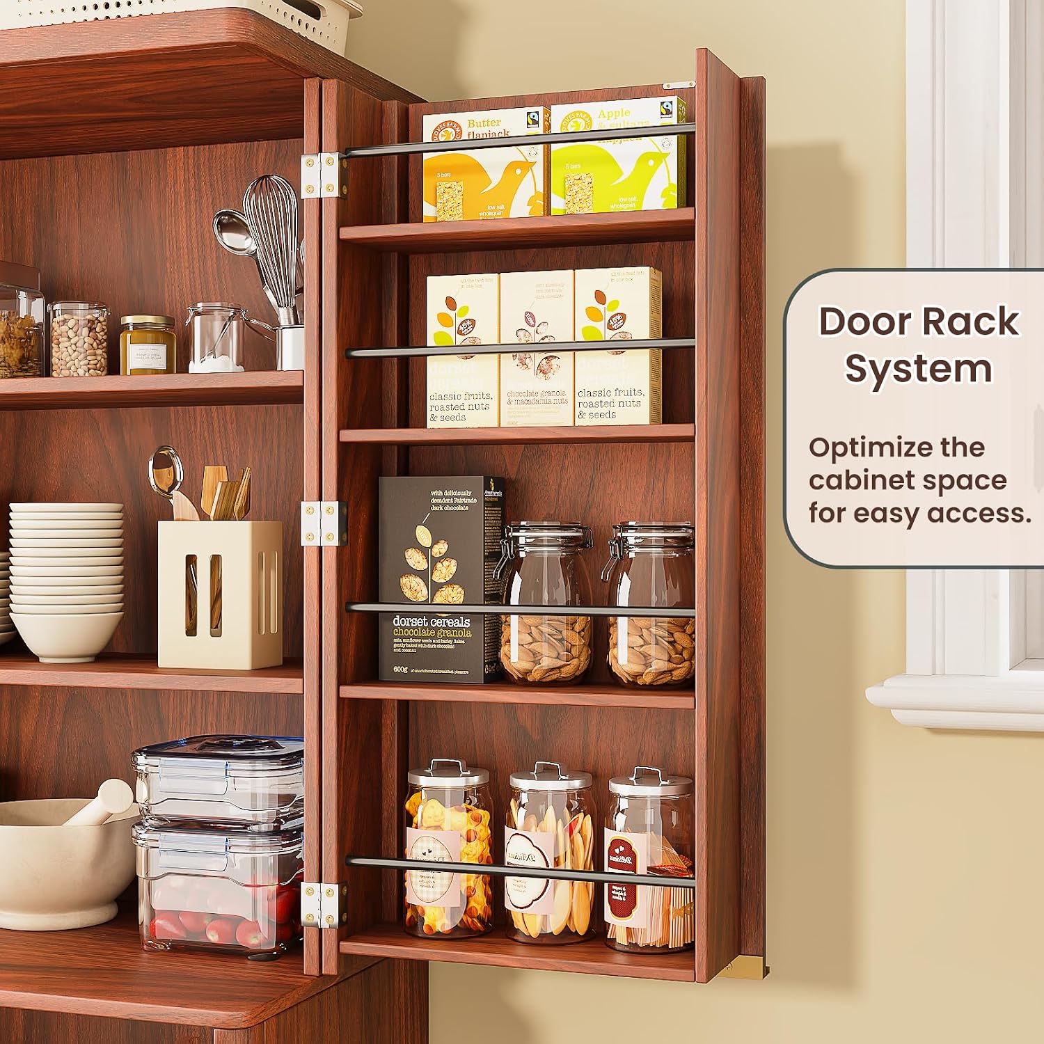 72" Tall Kitchen Pantry Cabinet, Modern Fluted Wood Storage Cabinet with Doors and 6 Shelves, 8 Door Shelves, Cupboard for Kitchen, Dining Room, Living Room and Bathroom, Walnut