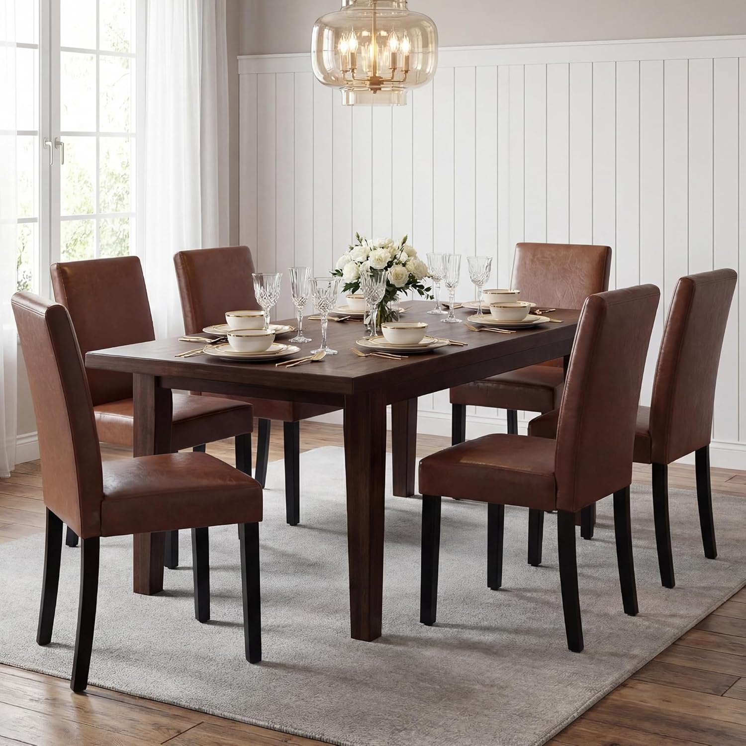 LSSBOUGHT Modern Dining Chair Urban Style Linen Kicthen Chairs with Solid Wood Legs for Dining Room and Restaurant (Brown, Set of 6)