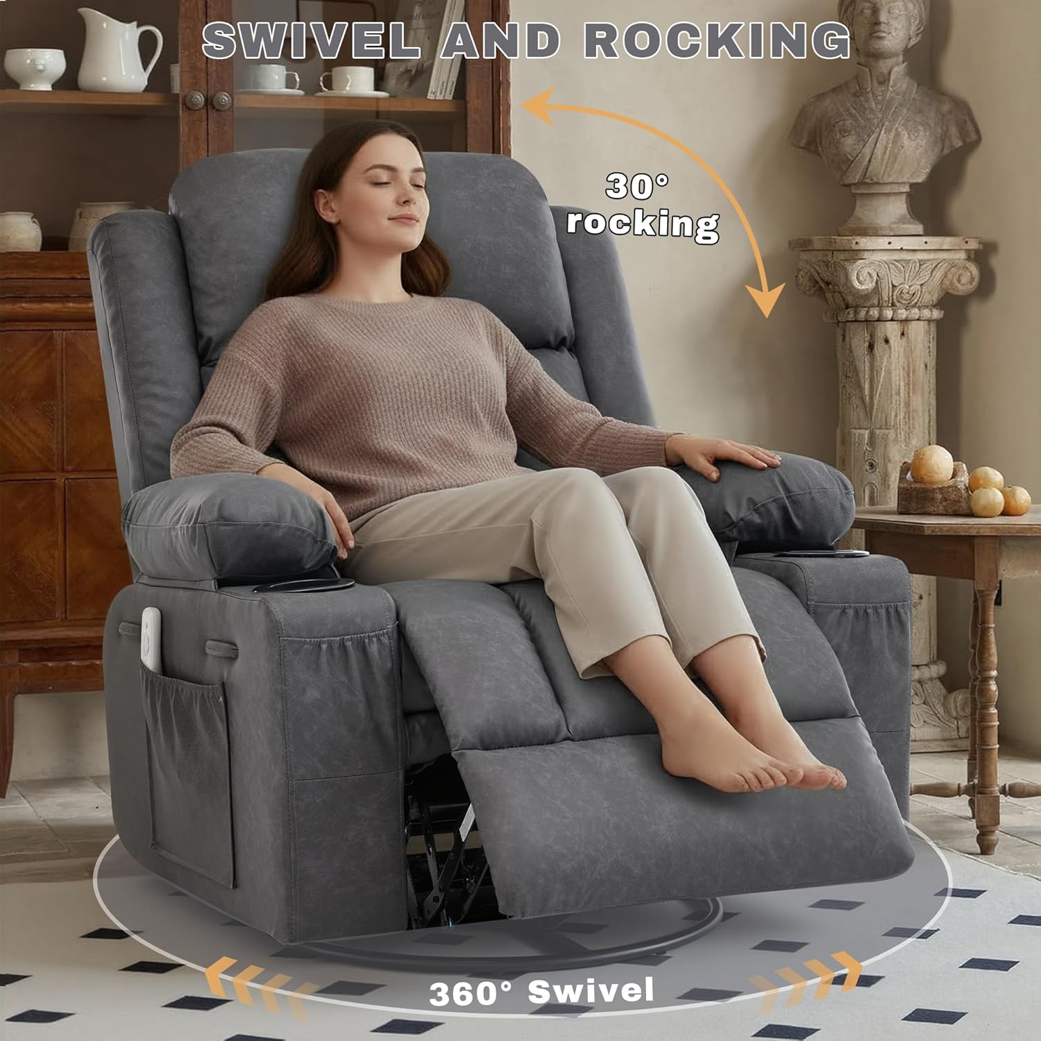 Rocker Recliner Chair with Heat and Massage,360°Swivel Nursery Recliner Chair for Adults,Modern PU Leather Recliner Single Sofa Seat with 2 Cup Holders and Side Pocket (Grey)