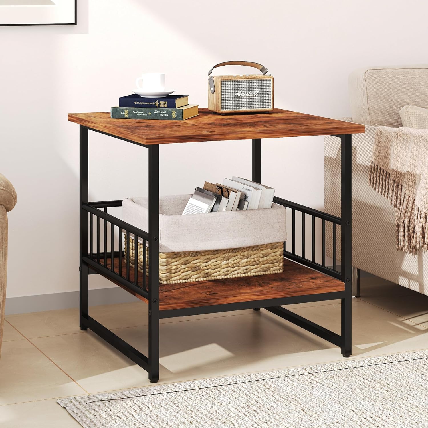 EazeHome End Table 24" for Living Room, Large Square Side Table with 2-Tier Storage, Rustic Brown Tall Industrial Night Stand for Bedroom, Rustic Brown