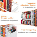 Aquzee Gift Wrapping Paper Organizer Storage, Rolling Gift Wrap Storage Stand, Vertical Wrapping Paper Storage Cart, Ribbon Organizers, 12 PCS Slap Bracelets, Adjustable Rod Design, White