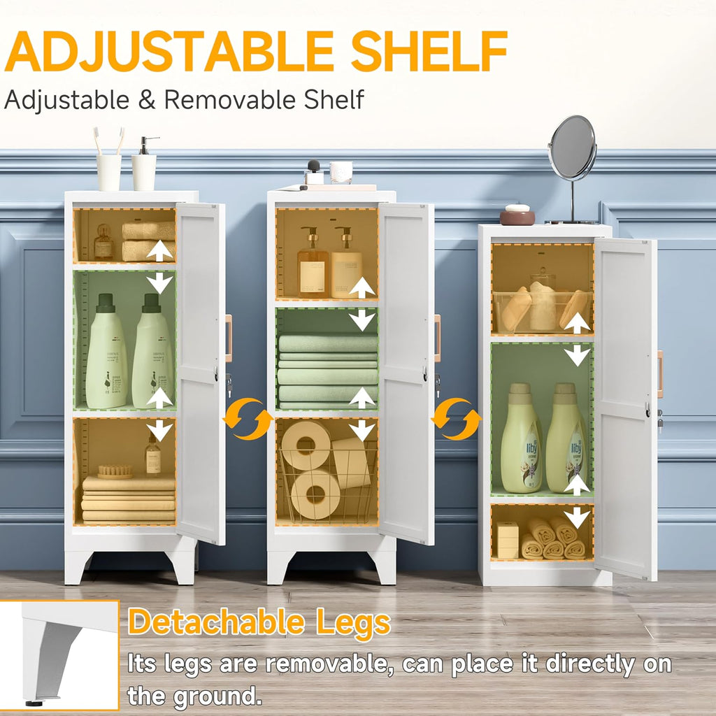46"H White Metal Locker with 1 Lockable Door and 2 Adjustable Shelves For Employees,3 Tier Small Storage Cabinet with Detachable Legs and Vintage Handle for Kitchen, Office,School,Gym,Easy Assembly