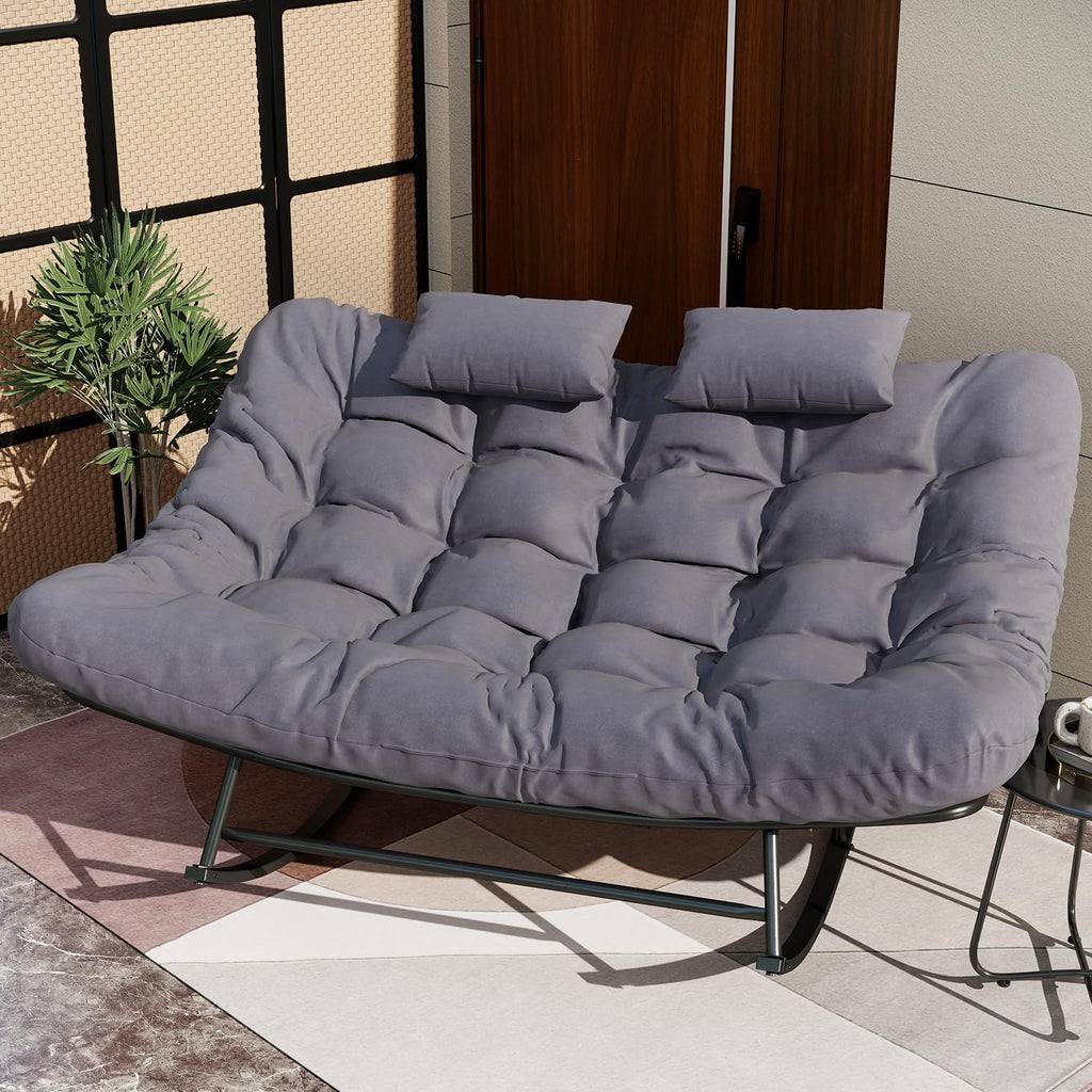 ROCSUMOO Outdoor Double Rocking Chair, Upgraded Patio Rocking Papasan Chair, Oversized Rocking Papasan Chair with Thick Water-Repellent Fabric Cushion, Comfy Rocking Chair 600 lbs (Grey)