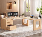SEDETA 63" L Shaped Desk with 3 Drawers, Modern Executive Office Desk with File Drawer, Wood Corner Computer Desk with Relief Texture, Home Office Desk with Power Outlet, Natural