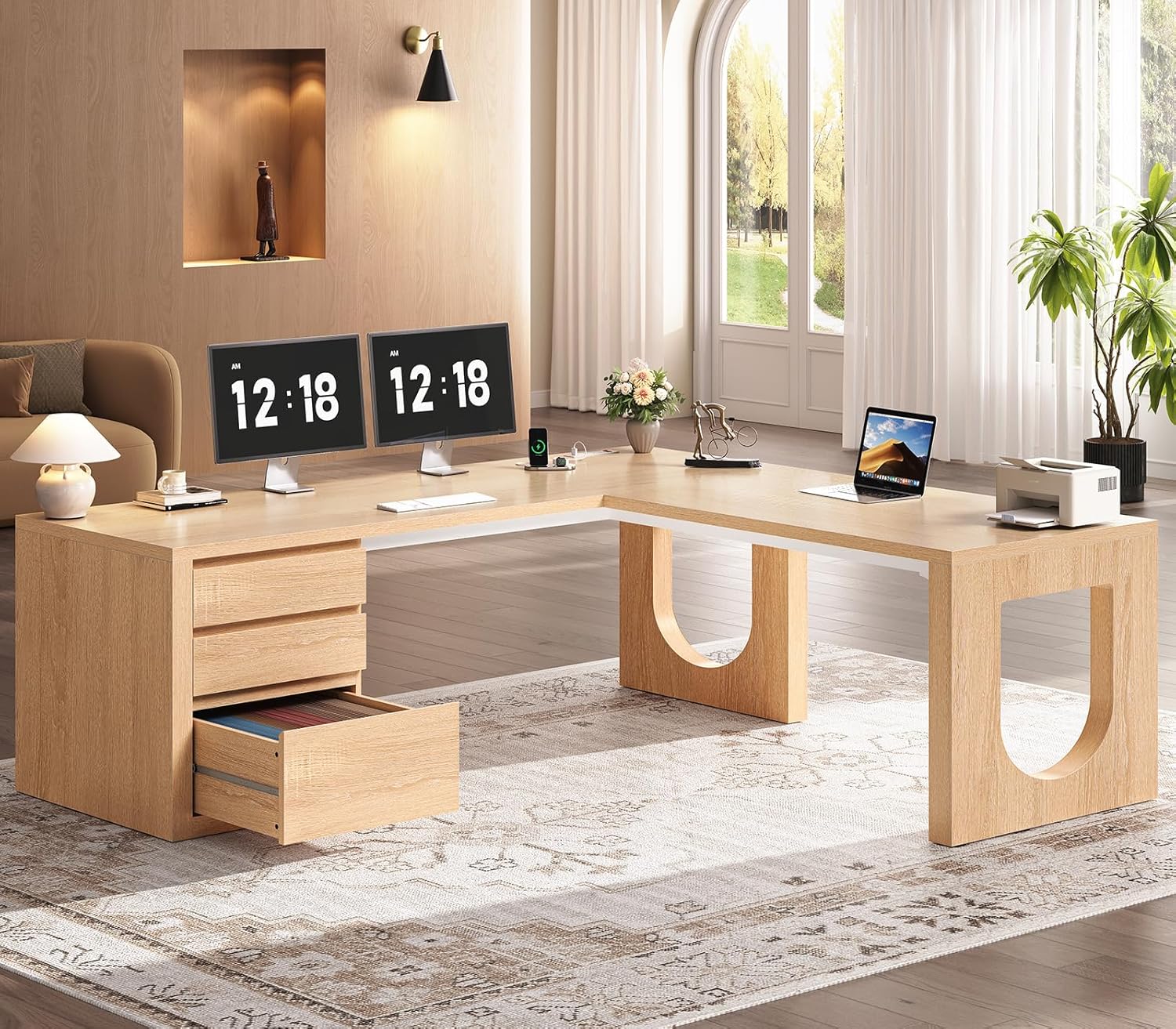 SEDETA 63" L Shaped Desk with 3 Drawers, Modern Executive Office Desk with File Drawer, Wood Corner Computer Desk with Relief Texture, Home Office Desk with Power Outlet, Natural