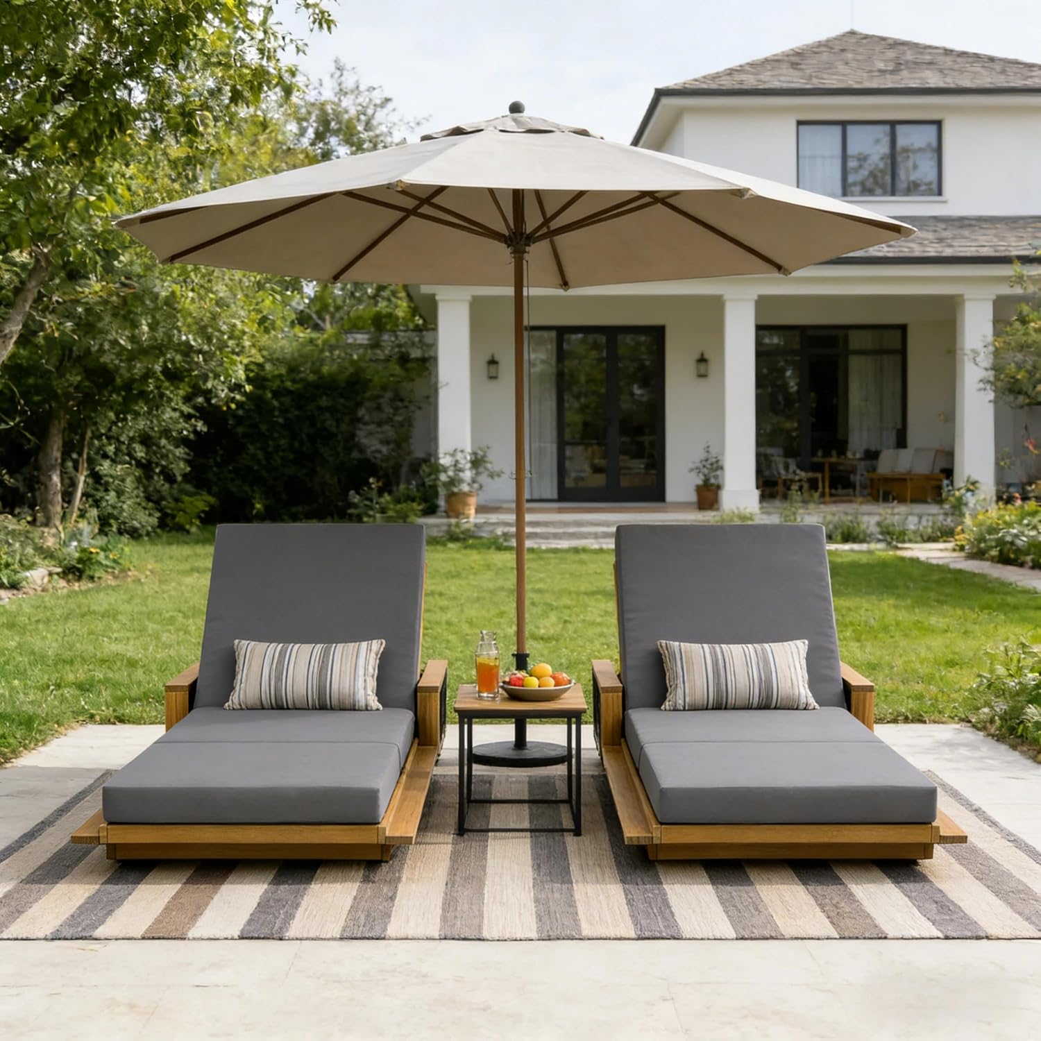 Outdoor Chaise Lounge Chair with 5-Position Adjustable Backrest, Cushion&Wood Side Table, Reclining Patio Lounger for Poolside, Garden, Backyard Sturdy Outdoor Furniture (1, Dark Gray-3 Fold-3)