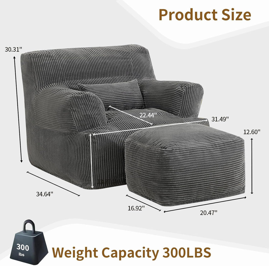 MOMCAYWEX Comfy Gaint Bean Bag Chair with Ottoman, Huge Bean Bag Armchair for Adults and Teens, Dark Grey