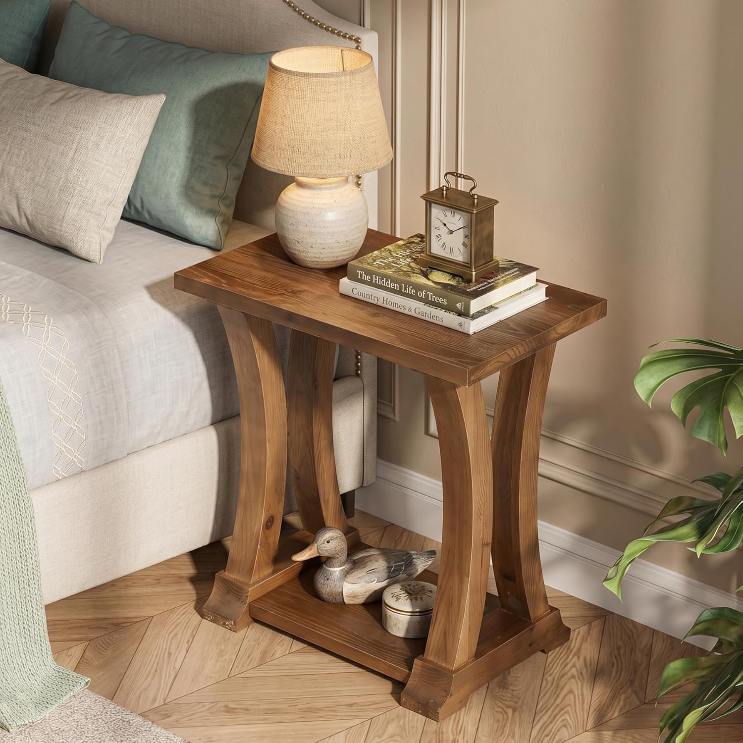 LITTLE TREE Solid Wood End Table, Narrow Side Table with Lower Storage Shelf, Rustic Accent Sofa Side Table for Living Room, Bedroom, Small Space