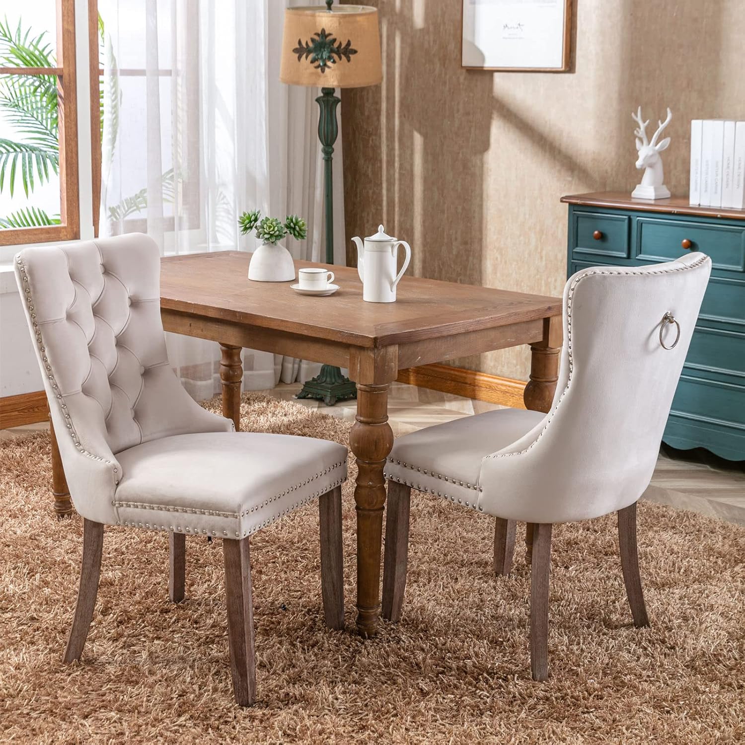 Modern Extendable Dining Table Set for 6, 78.74" Faux Travertine Expandable Table with 6 Beige Velvet Upholstered Chairs, Extendable Dining Room Table Set for 6 for Dinner Party Family Gathering