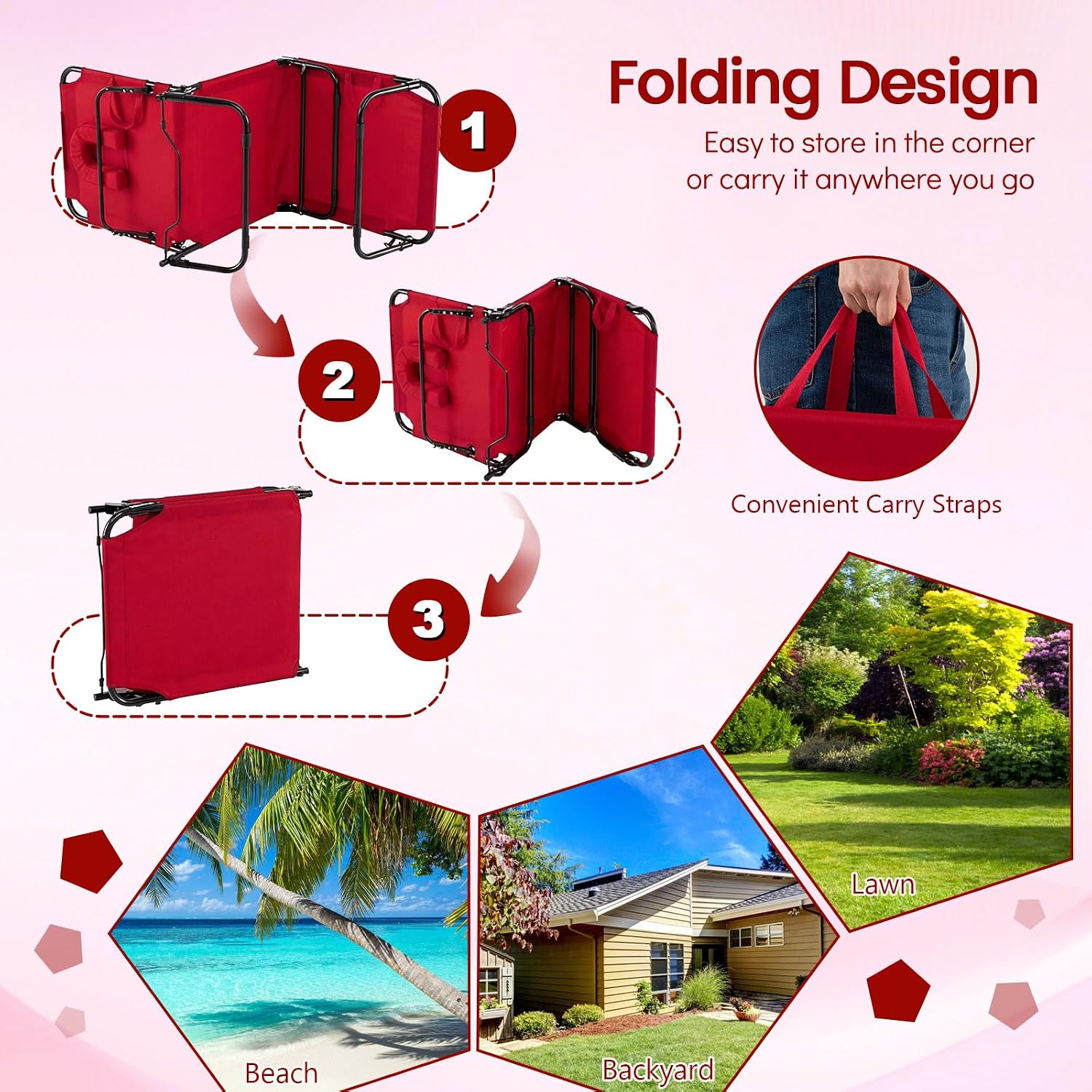 DREAMADE Tanning Chair, Adjustable Beach Lounge Chair w/Face Hole, Pillows, 4-Position Backrest & Footrest, Supports 330 lbs, Outdoor Lounge Chairs for Patio Lawn Camping, Red