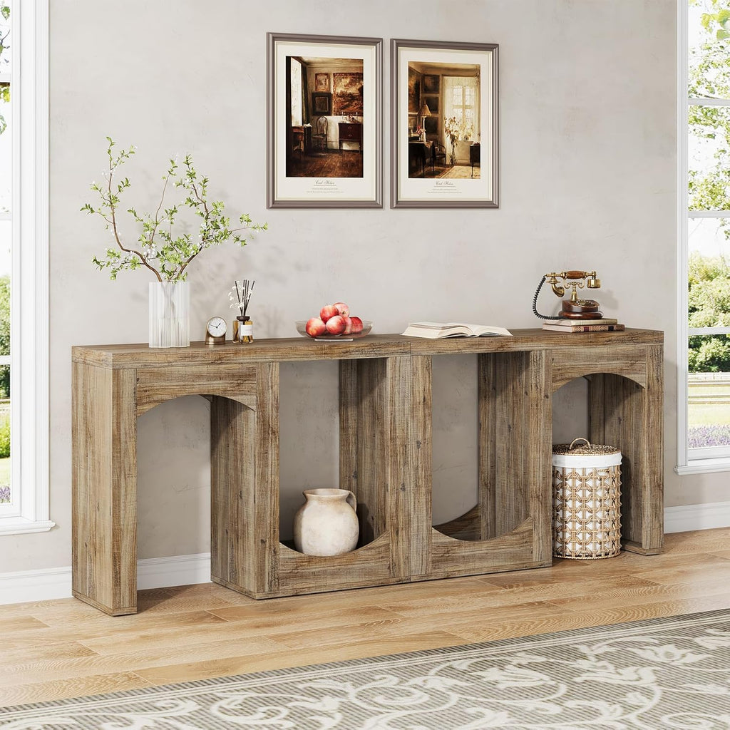 70.9" Farmhouse Console Table, Accent Sofa Table with Arched Design, Modular Entryway Table Free-Combination for Entrance, Hallway, Living Room, Rustic Brown,(Set of 2)