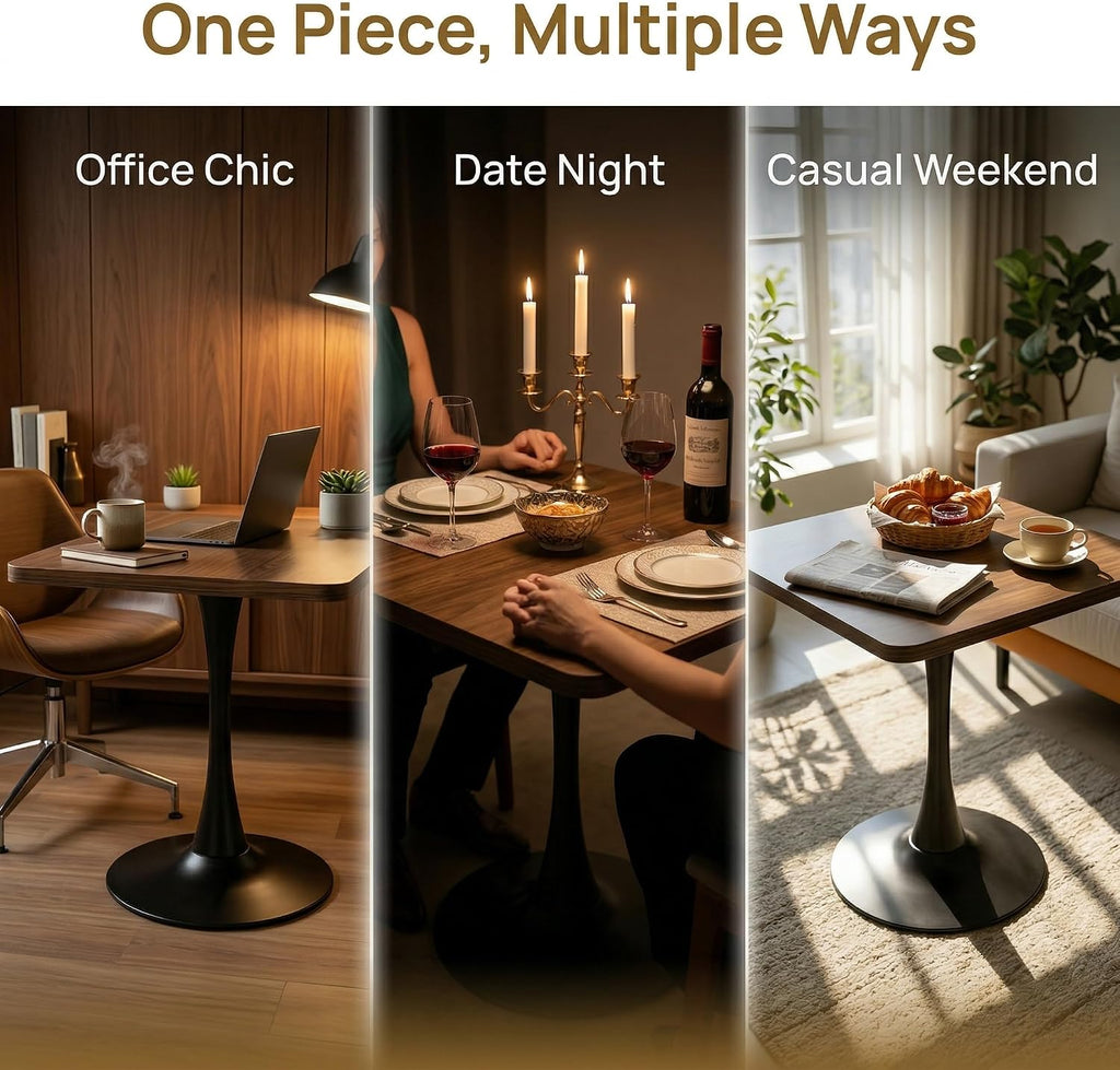 27.6" Square Dining Table, Modern Tulip Pedestal Table with Smooth MDF Square Tabletop & Metal Base, 2-4 Seater Compact Coffee Table for Small Kitchen, Leisure Table for Breakfast Nook, Walnut