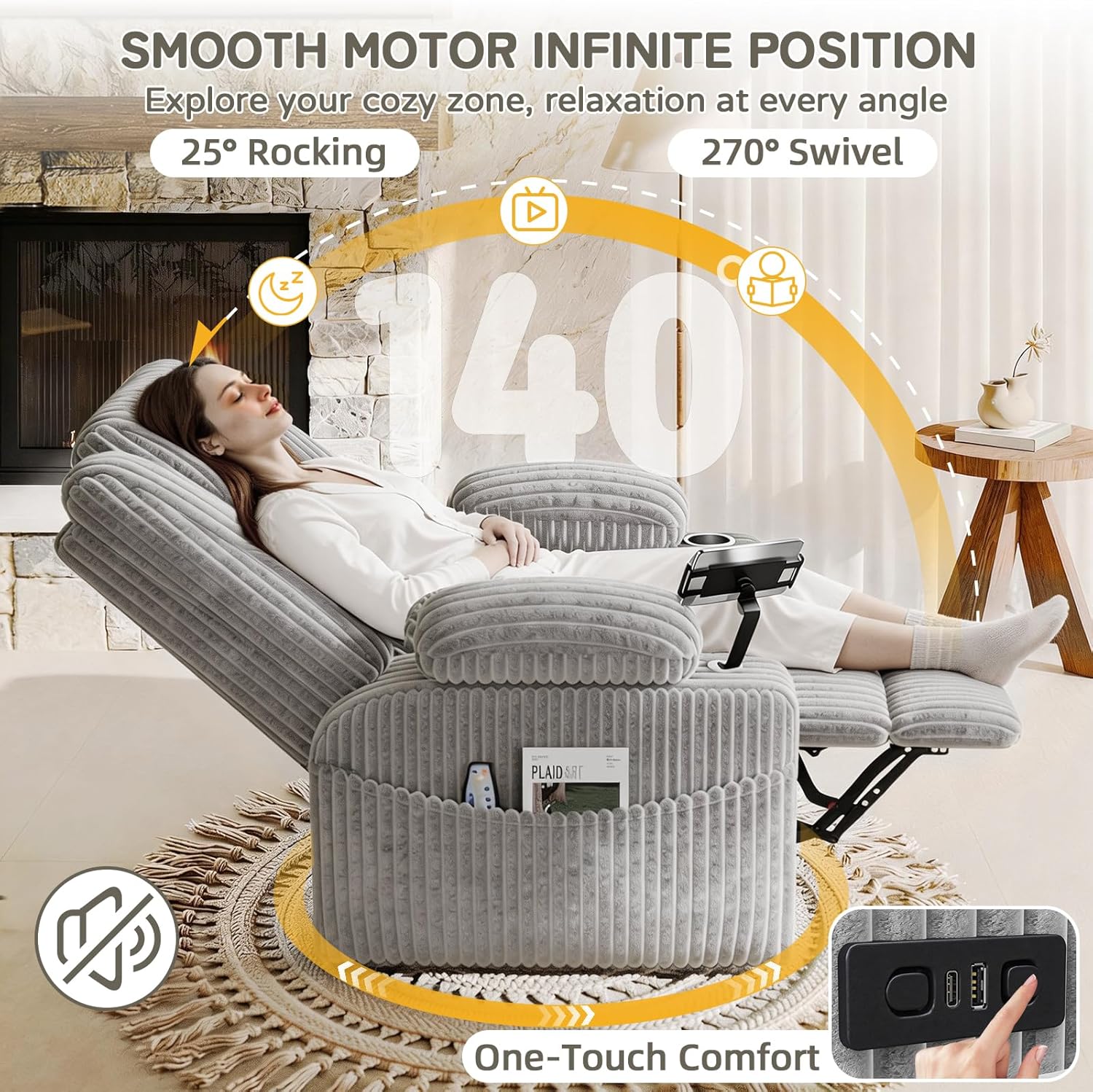 EROMMY Power Oversized Swivel Rocker Recliner with Massage and Heat, Nursery Rocking Chairs for Living Room, Comfy Glider Chair with Cup Holders, Armrest Storage,USB&Type-C Ports,Grey
