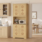 GarveeHome 72" Tall Pantry Cabinet with Carved Door, Kitchen Storage Cabinet with Shelf for Microwave, Freestanding Wooden Cupboard with Crystal Handle, for Dining Living Room, Light Oak